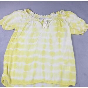 Joie Women's 100% Silk Peasant Boho Blouse Top Tassel Smocked XS Yellow Tie Dye